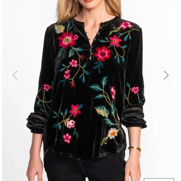 Johnny Was Floral Embroidered Velvet Estate Blouse Black - Picture 7 of 9